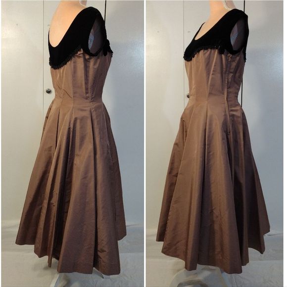Handmade Vntg 1950s Black Velvet & Brown Midi Swing Dress - Picture 11 of 16